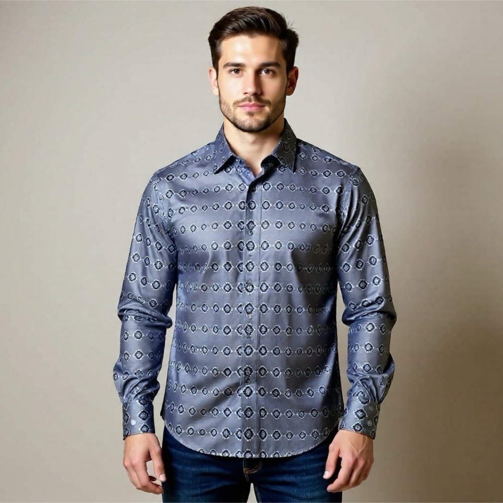 Robert Graham Dress Shirt Flip Cuff Blue Pattern Long Sleeve Mens Medium